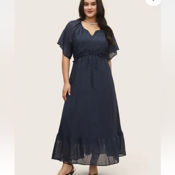 Bloomchic Plus Size Solid Striped Notched Ties Up Pocket Flutter Maxi Dress - Picture 2 of 7